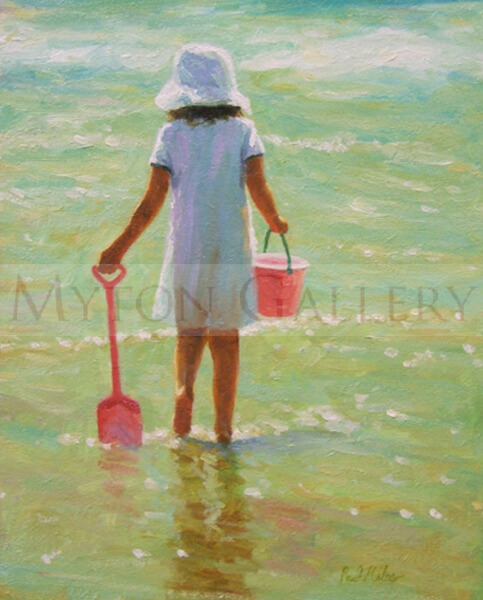 Girl paddling on the beach original painting by Paul Milner