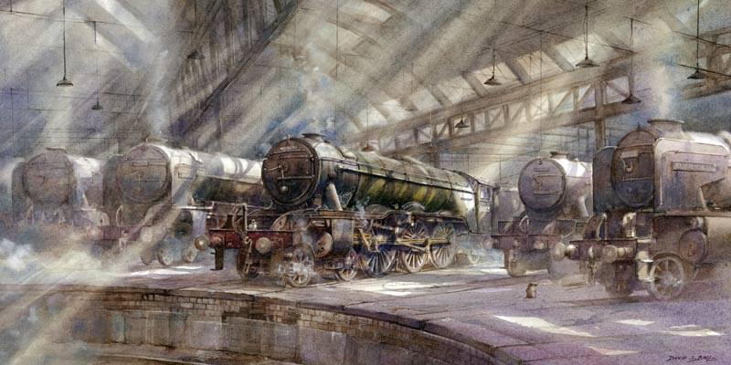 fine art print of Flying Scotsman steam train at York roundhouse by artist  David Bell