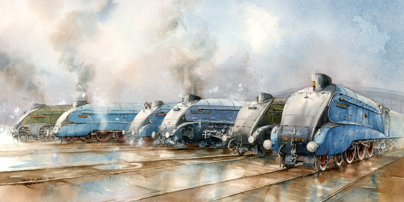 The Gathering of the Shildon Six steam locomotive fine art print by artist David Bell