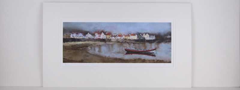 Boat on the water at Staithes, North Yorkshire by artist martin jones mounted for sale