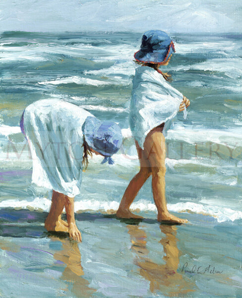 First Day Of Summer children playing on the beach by artist Paul Milner