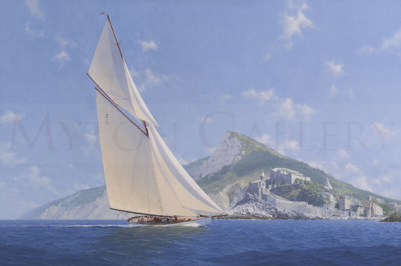 Lulworth Yacht off Portovenere, Italy original oil painting by marine artist Roger Davies